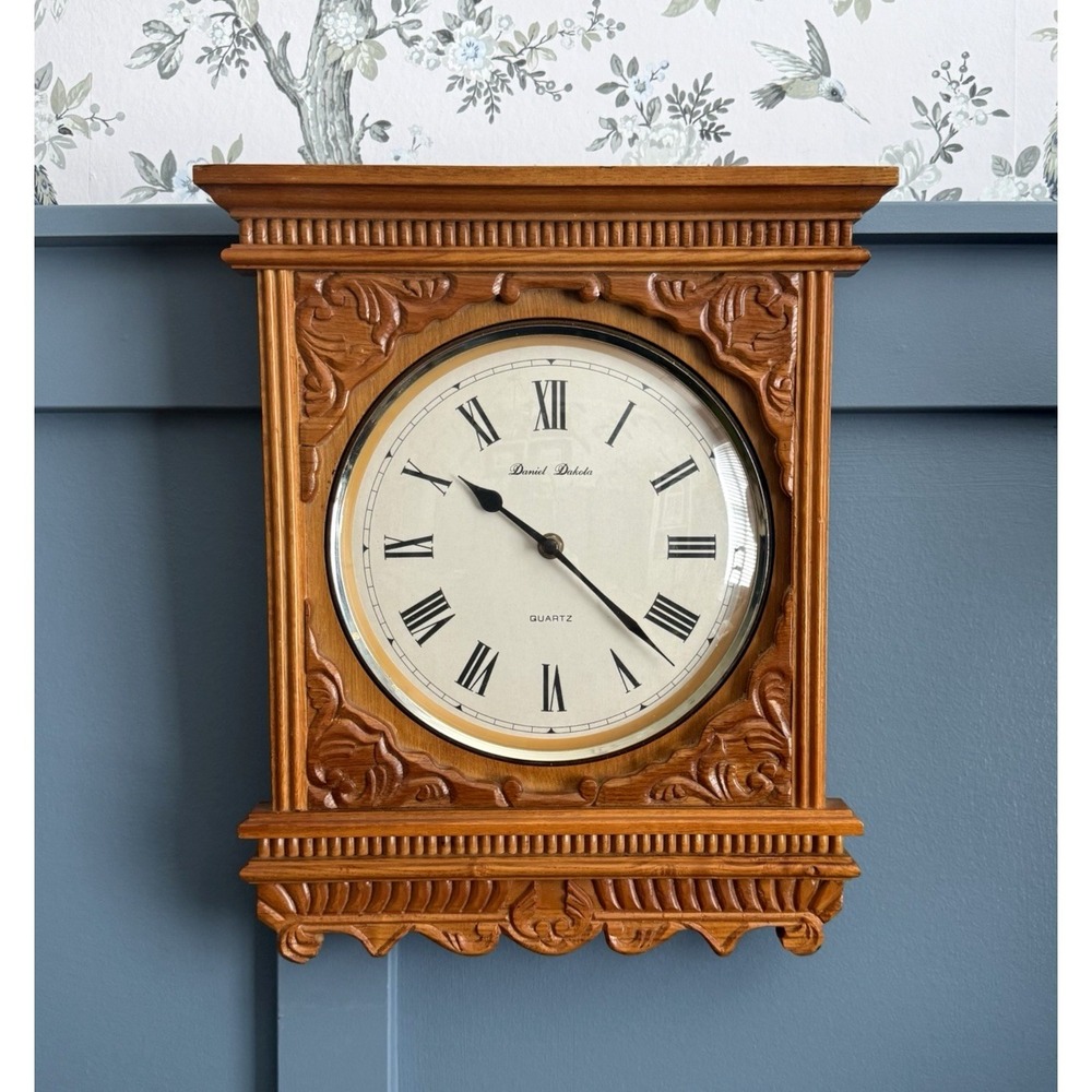Carved Oak Wall Clock Quartz Vintage Library Style 17" Daniel Dakota Cottage